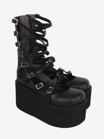 スイートロリータサンダル ブラック レースアップ PUレザー ラウンドトゥ ロリータ サマーシューズ