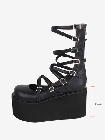 スイートロリータサンダル ブラック レースアップ PUレザー ラウンドトゥ ロリータ サマーシューズ