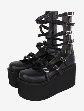 スイートロリータサンダル ブラック レースアップ PUレザー ラウンドトゥ ロリータ サマーシューズ