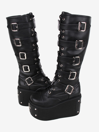ブラック ゴシック ロリータ ブーツ PU レザー メタリック グロメット リベット ラウンドトゥ ブラック ロリータ フットウェア