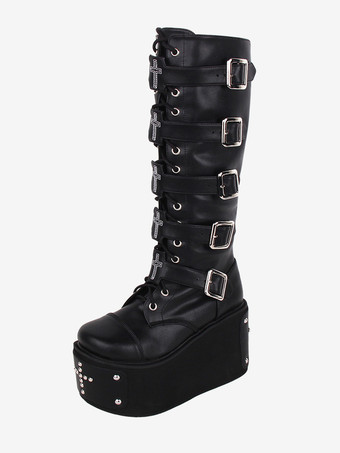 ゴシック ロリータ ブーツ PU レザー メタリック グロメット リベット ラウンドトゥ ブラック ロリータ フットウェア