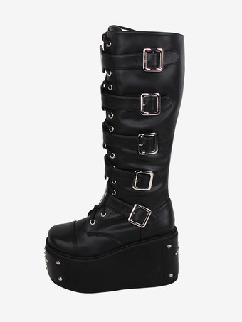 ゴシック ロリータ ブーツ PU レザー メタリック グロメット リベット ラウンドトゥ ブラック ロリータ フットウェア