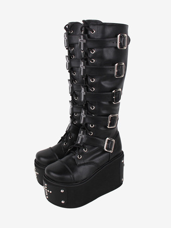 ゴシック ロリータ ブーツ PU レザー メタリック グロメット リベット ラウンドトゥ ブラック ロリータ フットウェア