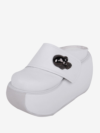 ホワイト ゴシックロリータサンダル メタルディテール ラウンドトゥ スケルトン PUレザー ホワイト ロリータ サマーシューズ