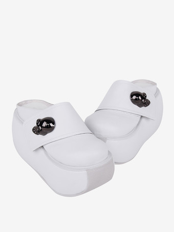 ゴシックロリータサンダル メタルディテール ラウンドトゥ スケルトン PUレザー ホワイト ロリータ サマーシューズ