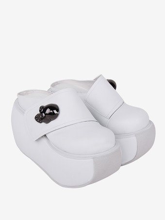 ゴシックロリータサンダル メタルディテール ラウンドトゥ スケルトン PUレザー ホワイト ロリータ サマーシューズ