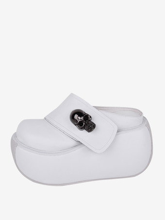 ゴシックロリータサンダル メタルディテール ラウンドトゥ スケルトン PUレザー ホワイト ロリータ サマーシューズ