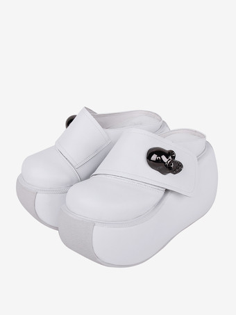 ゴシックロリータサンダル メタルディテール ラウンドトゥ スケルトン PUレザー ホワイト ロリータ サマーシューズ