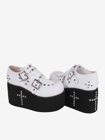 ホワイト スイートロリータサンダル グロメット ラウンドトゥ メタリック PU レザー ホワイト ロリータ サマーシューズ