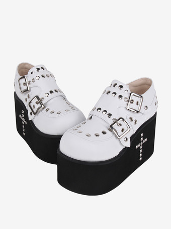 スイートロリータサンダル グロメット ラウンドトゥ メタリック PU レザー ホワイト ロリータ サマーシューズ