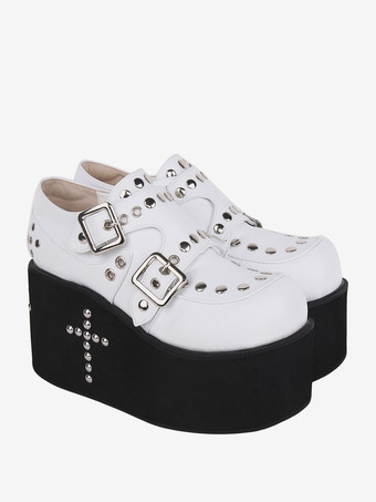 スイートロリータサンダル グロメット ラウンドトゥ メタリック PU レザー ホワイト ロリータ サマーシューズ