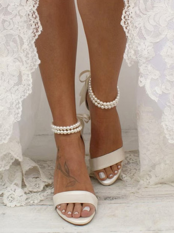 ウェディングシューズ PUレザー アイボリーパール オープントゥ ウェディングサンダル