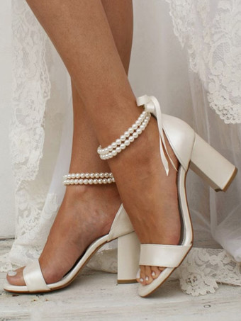 Scarpe da sposa Sandali da sposa aperti in punta di perle avorio in pelle PU