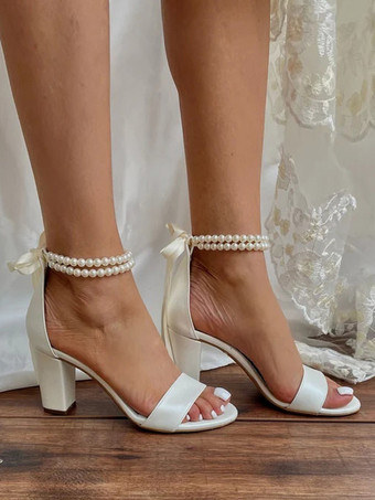 ウェディングシューズ PUレザー アイボリーパール オープントゥ ウェディングサンダル