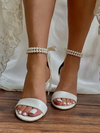 ウェディングシューズ PUレザー アイボリーパール オープントゥ ウェディングサンダル