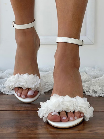 ウェディングシューズ PUレザー ホワイトフラワー オープントゥ ウェディングサンダル