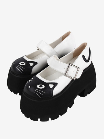 ゴシックロリータサンダル ホワイトアップリケ アニマルプリント PUレザー ラウンドトゥ ロリータ サマーシューズ