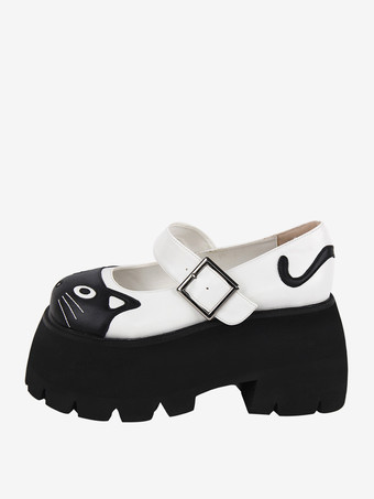 ブラック ゴシックロリータサンダル ホワイトアップリケ アニマルプリント PUレザー ラウンドトゥ ロリータ サマーシューズ