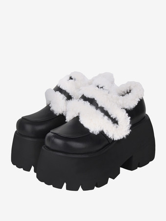 ゴシックロリータフットウェアブラックPUレザーウェッジヒールロリータシューズ