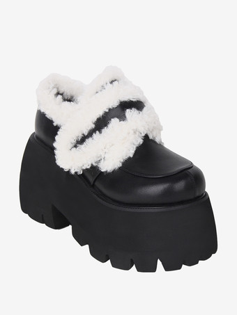 ゴシックロリータフットウェアブラックPUレザーウェッジヒールロリータシューズ