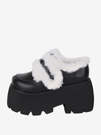 ゴシックロリータフットウェアブラックPUレザーウェッジヒールロリータシューズ