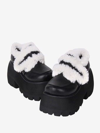 ブラック ゴシックロリータフットウェアブラックPUレザーウェッジヒールロリータシューズ