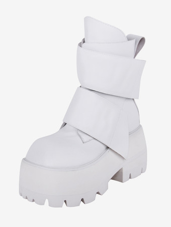 ホワイト ゴシック ロリータ ブーツ PU レザー ティアード スクエアトゥ ブラック ロリータ フットウェア