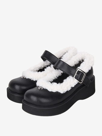 スイートロリータフットウェア ブラック ラウンドトゥ PUレザー ロリータパンプス