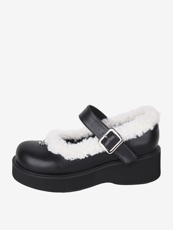 スイートロリータフットウェア ブラック ラウンドトゥ PUレザー ロリータパンプス