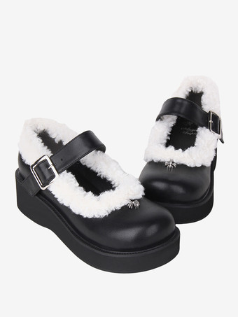 ブラック スイートロリータフットウェア ブラック ラウンドトゥ PUレザー ロリータパンプス