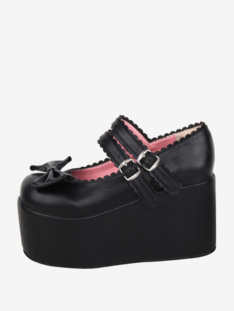 ブラック スイートロリータサンダル ブラック リボン PUレザー ラウンドトゥ ロリータ サマーシューズ