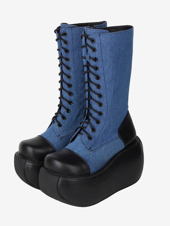 ゴシックロリータブーツ PUレザー ツートン レースアップ ラウンドトゥ ブラック ロリータ フットウェア