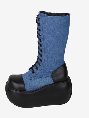 ゴシックロリータブーツ PUレザー ツートン レースアップ ラウンドトゥ ブラック ロリータ フットウェア