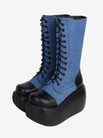 ゴシックロリータブーツ PUレザー ツートン レースアップ ラウンドトゥ ブラック ロリータ フットウェア