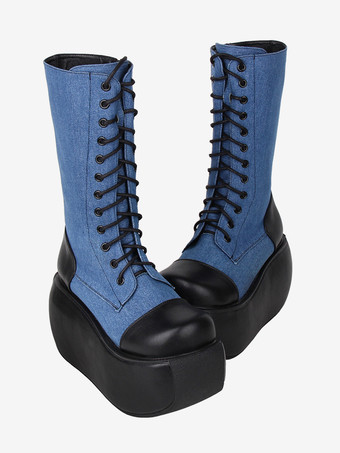 ゴシックロリータブーツ PUレザー ツートン レースアップ ラウンドトゥ ブラック ロリータ フットウェア