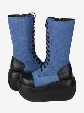 ブラック ゴシックロリータブーツ PUレザー ツートン レースアップ ラウンドトゥ ブラック ロリータ フットウェア