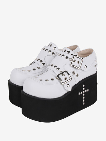 スイートロリータサンダル グロメット ラウンドトゥ メタリック PU レザー ホワイト ロリータ サマーシューズ