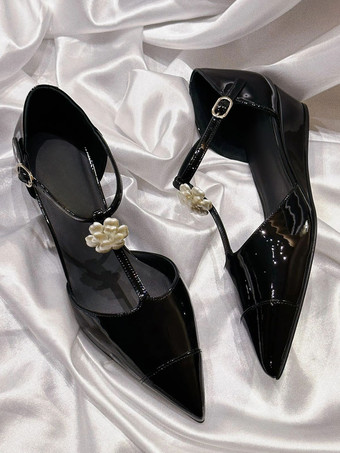 レディース メタリック ウェッジ ポインテッドトゥ パッチワーク Tストラップ パンプス