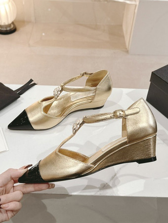 レディース メタリック ウェッジ ポインテッドトゥ パッチワーク Tストラップ パンプス