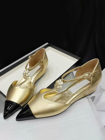 ライトゴールレディース メタリック ウェッジ ポインテッドトゥ パッチワーク Tストラップ パンプス