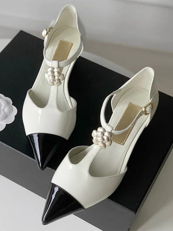 ホワイト レディース メタリック ウェッジ ポインテッドトゥ パッチワーク Tストラップ パンプス