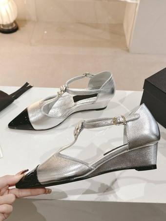シルバー レディース メタリック ウェッジ ポインテッドトゥ パッチワーク Tストラップ パンプス