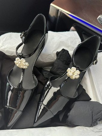 ブラック レディース メタリック ウェッジ ポインテッドトゥ パッチワーク Tストラップ パンプス