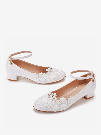 ウェディングシューズ チャンキーヒール 花のディテール ブライダルパンプス