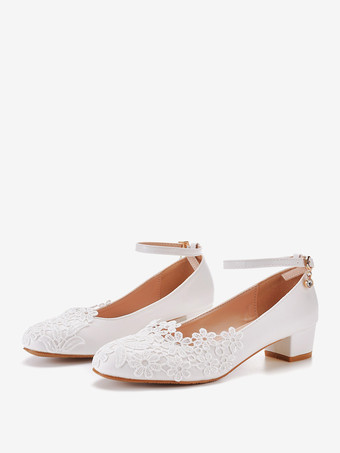 ウェディングシューズ チャンキーヒール 花のディテール ブライダルパンプス