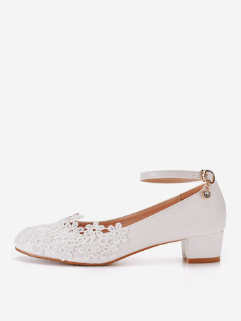 ウェディングシューズ チャンキーヒール 花のディテール ブライダルパンプス