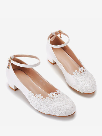 ウェディングシューズ チャンキーヒール 花のディテール ブライダルパンプス