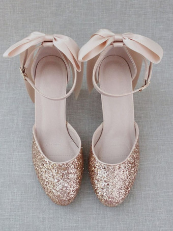 レディース ドレスパンプス グリッター リボン チャンキーヒールパンプス