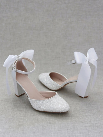 レディース ドレスパンプス グリッター リボン チャンキーヒールパンプス