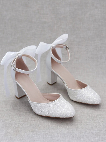 ホワイト レディース ドレスパンプス グリッター リボン チャンキーヒールパンプス